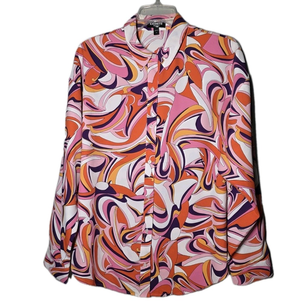 Express Boyfriend Button Down Blouse‎ Vibrant Psychedelic Swirl Size Medium